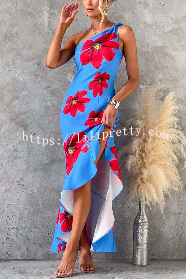 Stunning Muse Floral Print One Shoulder Irregular Ruffles Slit Maxi Dress