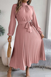 Elegant Stand-collar Long-sleeve Waisted Tie-up Pleated Midi Dress