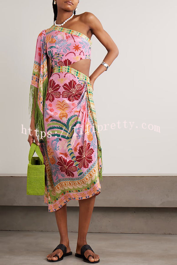 Fruits Queen Unique Print One Shoulder Fringe Detail Scarf Midi Dress