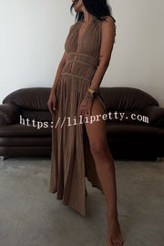 Boho with Elegance Linen Blend Braids Belt Cutout Slit Kaftan Maxi Dress