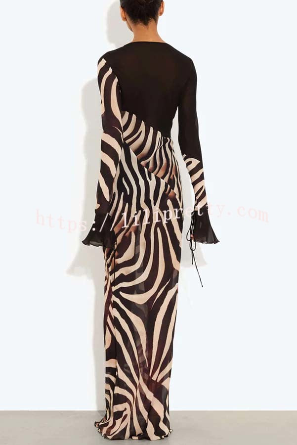 City Night Chiffon Colorblock Animal Print Tie-up Long Sleeve Maxi Dress