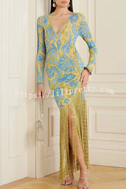 Golden Age Knit Paisley Print Long Sleeve Tassle Hem Maxi Dress