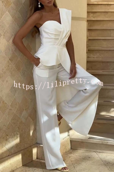 Amena One Shoulder Sweetheart Neck Ruffle Hem Top and Elastic Waist Pocket Wide Leg Pants Set