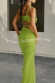 Sexy Halter Back Braided Suspender Top and Beach Holiday Style Hip-wrapped Maxi Skirt Set