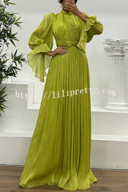 Ellah Shiny Fabric Chinese Stand Collar Twist Waist Balloon Sleeve Maxi Dress