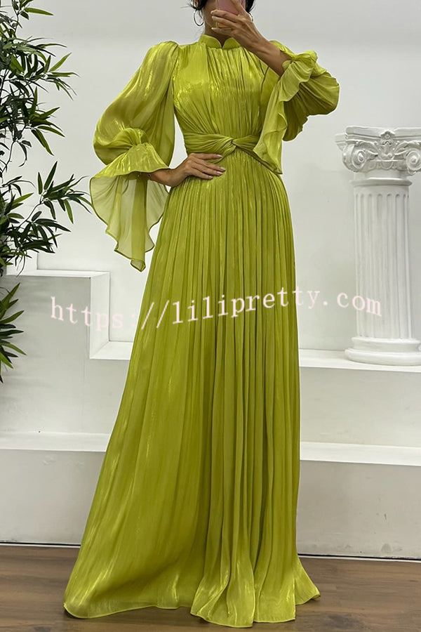 Ellah Shiny Fabric Chinese Stand Collar Twist Waist Balloon Sleeve Maxi Dress