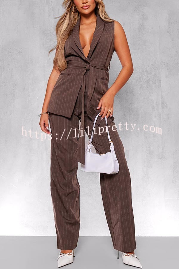 Goal Digger Striped Button Belted Lapel Vest and Pocketed Wide-leg Pants Set