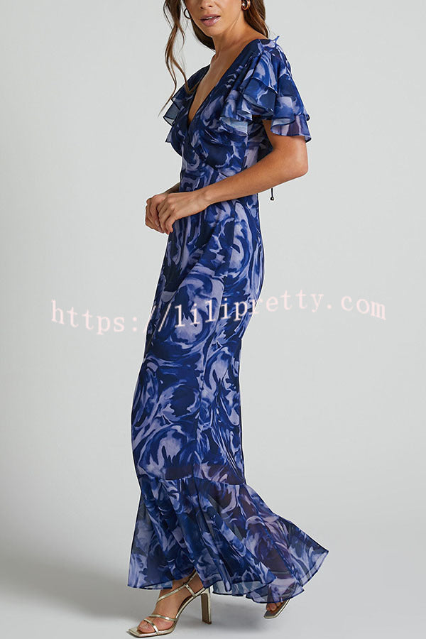 Lilipretty Lover By Day Swirl Pattern Flutter Sleeve Maxi Dress