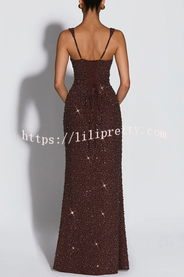 Calanthe Sequin Embellished Chiffon Ruched Square Neck Back Lace-up Maxi Dress