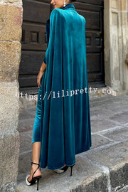 Olivienne Luxurious Velvet Padded Shoulders Slit Sleeve Lapel Midi Cape