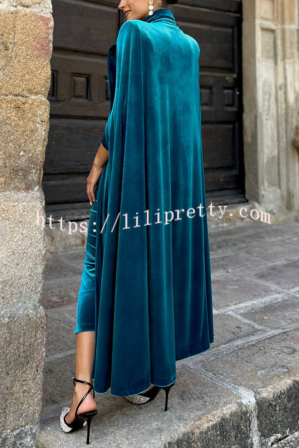 Olivienne Luxurious Velvet Padded Shoulders Slit Sleeve Lapel Midi Cape