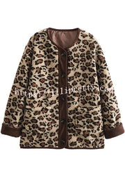 Warm Feel Colorblock Leopard Print Plush Button Up Pocketed Teddy Jacket