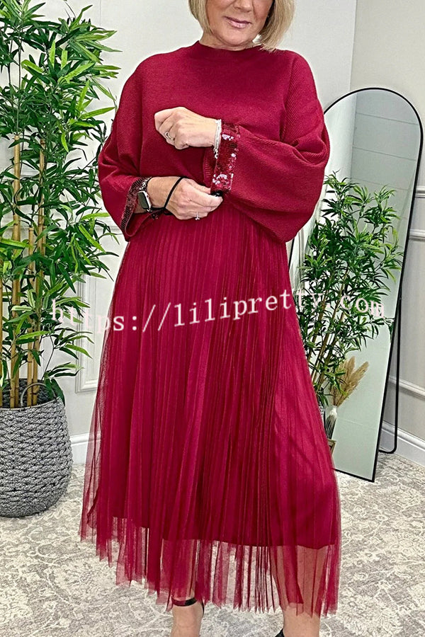 Fenna Ribbed Sequin Trim Batwing Sleeve Sweater and Pleated Tulle Stretch Tank Midi Dress Two-piece Set