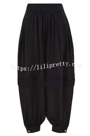Esella Satin Gathered Waist Pocket Button Ankle Cuffs Harem Pant