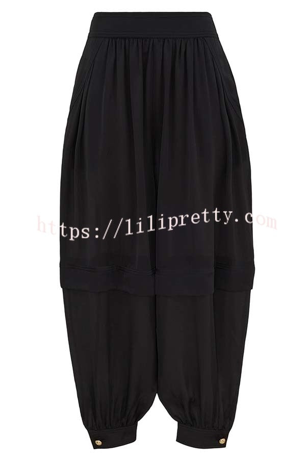 Esella Satin Gathered Waist Pocket Button Ankle Cuffs Harem Pant