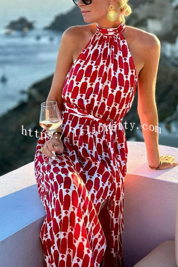 Unique Printed Sleeveless Halterneck Tie-waist Slit Maxi Dress