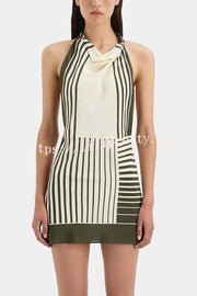 Summer Event⁠ Striped Beads Cowl Neck Backless Tie-up Mini Dress