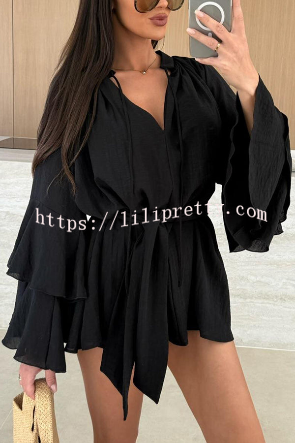 Solid Color V-neck Ruffled Long Sleeve Waist Tie Mini Dress