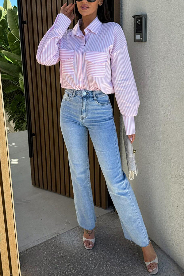 Stripe Print Lapel Long Sleeve Pocket Casual Shirt