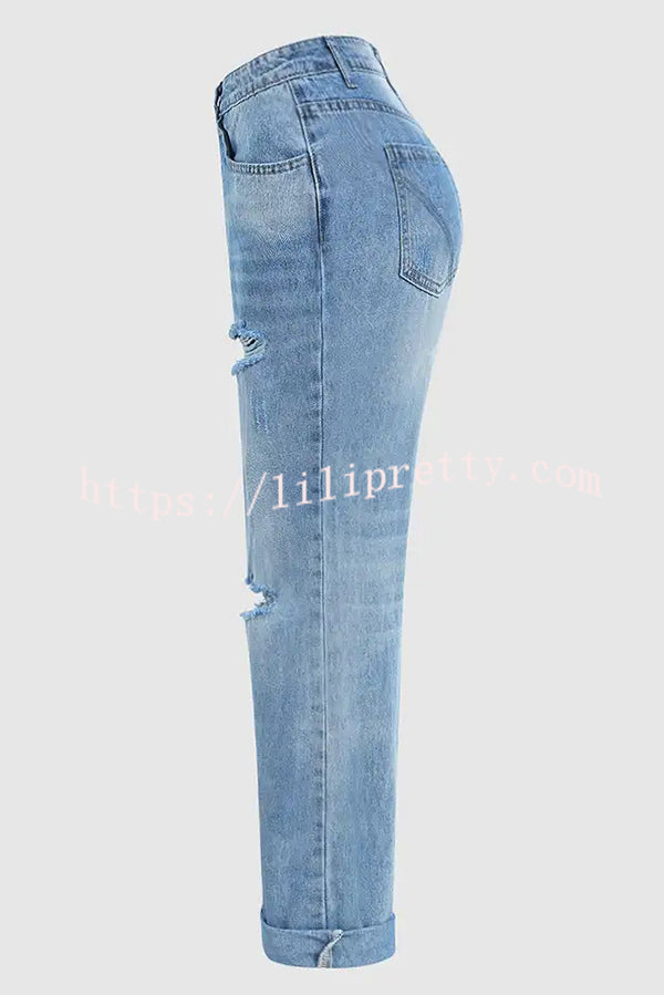 Stylish Ripped Low-rise Button Pocket Baggy Straight-leg Jeans