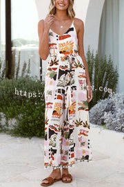 Unique Beach Vacation Print V-neck Suspenders Casual Wide-leg Jumpsuit