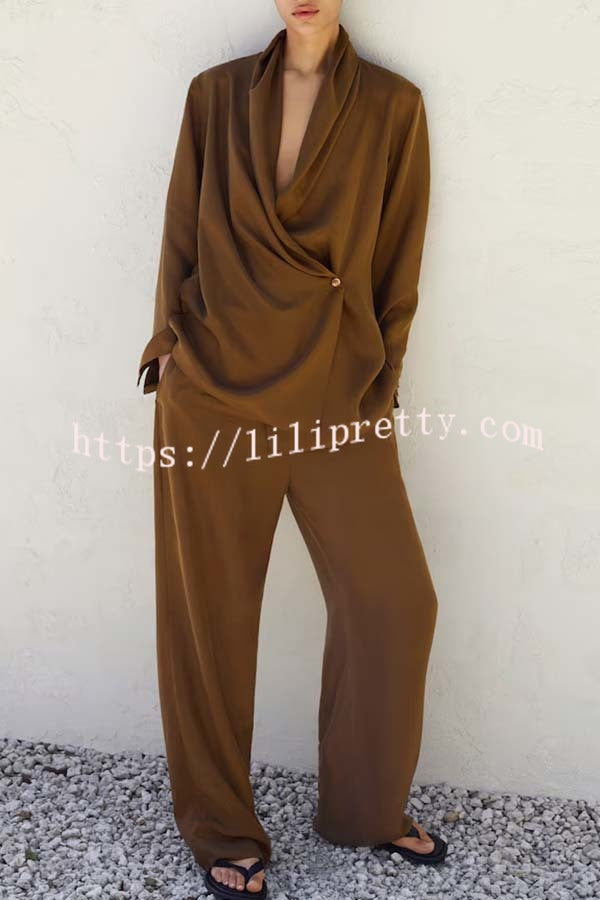 Bella Satin Drape Collar Single Button Casual Blazer and Elastic Waist Pocket Loose Pants Set