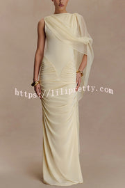 Fashionable Mesh Shawl Sleeveless Slim Fit Pleated Maxi Dress