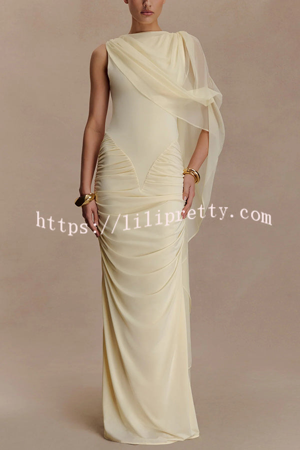 Fashionable Mesh Shawl Sleeveless Slim Fit Pleated Maxi Dress
