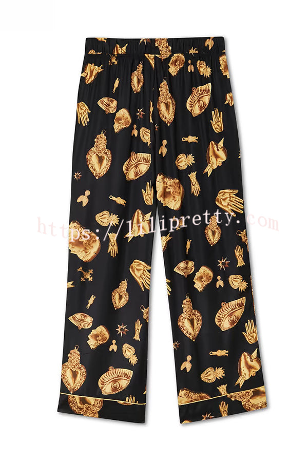 Golden Night Unique Print Color-block Trim Loose Shirt and Elastic Waist Pocketed Pajama Set