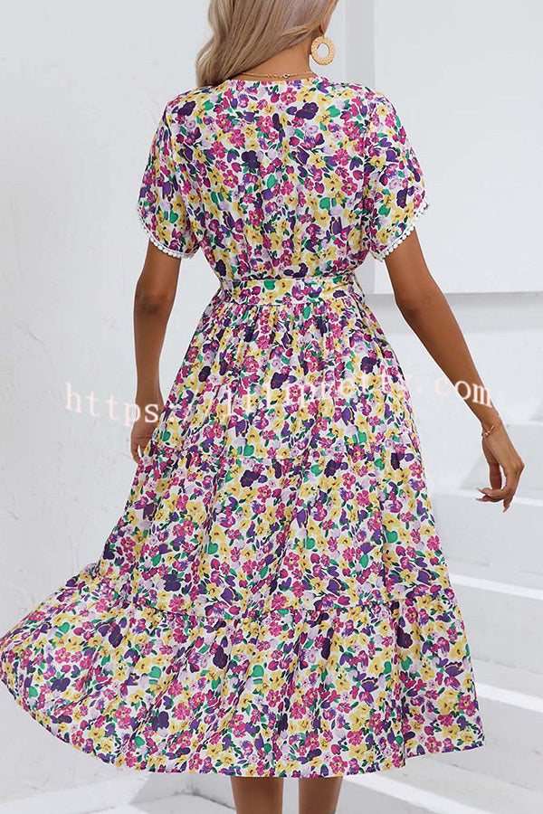 Mariela Floral Print Tie-up Lace Trim Midi Dress