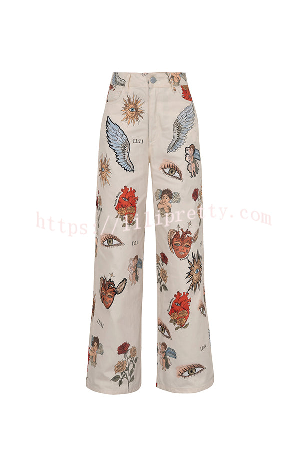 Angel Wings Denim Unique Print Mid Rise Pocket Loose Pants