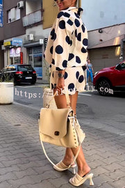 Giselle Linen Blend Polka Dot Print Lapel Long Sleeve Shirt and Elastic Waist Pocket Shorts Set