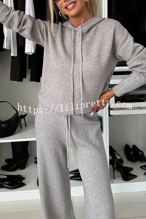 Solid Color Loose Hooded Tie Sweatshirt and Elastic Waist Casual Straight Pants Set