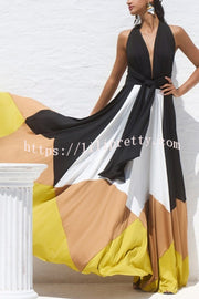 Fashion Colorblock Sexy Backless Tie Waist Full Hem Maxi Dress