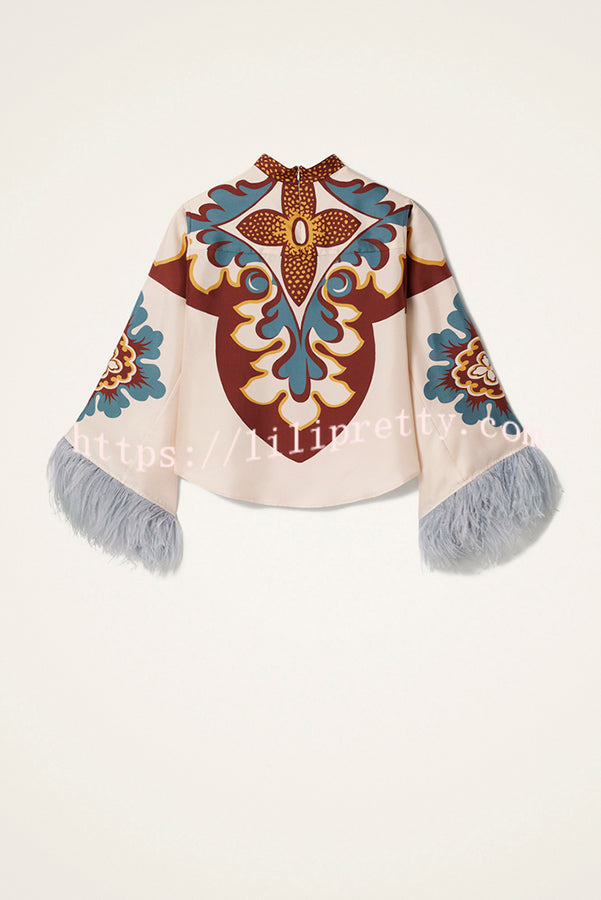 Bohemian Dreams Unique Print High Neck Feather Trim Bell Sleeve Top