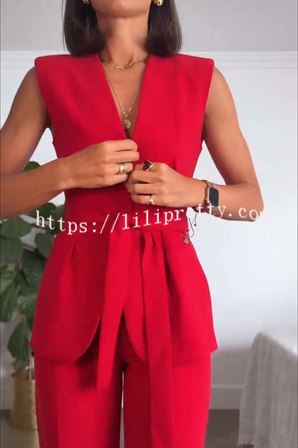 Keep It Classic V-neck Belted Vest and Mid Rise Pocket Wide Leg Pants Set