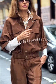 Street Charm Glossy Fabric Button Pocket Cargo Jacket and Elastic Waist Jogger Pants Set