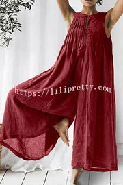 Salma Linen Blend Sleeveless Cutout Ruched Detail Wide Leg Jumpsuit
