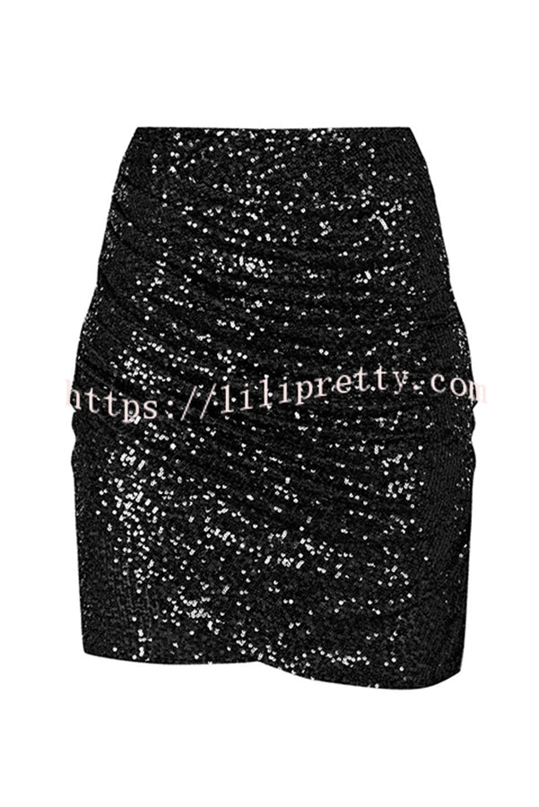 Stunning Days Sequined Elastic Waist Ruched Mini Skirt