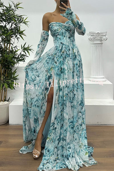 Reina Chiffon Floral Print Pleated Bodice Split Sleeve Strapless Slit Maxi Dress
