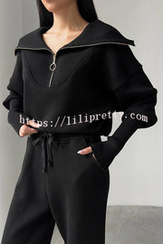 Solid Color Long-sleeved Zip-up Sweatshirt and Elastic Waist Loose Pocket Pants Set