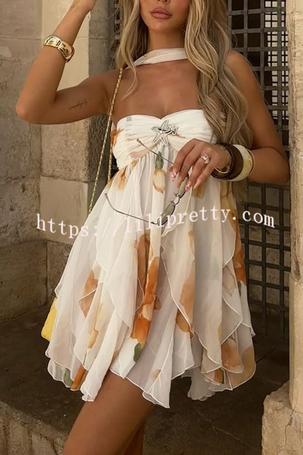 Arabella Floral Print Starfish Brooch Inverted Halter Neck Slit Ruffles Mini Dress