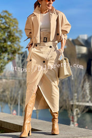 Work Style Lapel Long Sleeve Jacket and Button Belt Pocketed Slit Midi Skirt Set