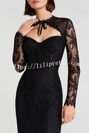 Mylene Lace Corset Cut Sweetheart Tie-up Neck Sheer Long Sleeve Slit Midi Dress