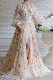Lilipretty Grand Evening Chiffon Star Sequins Lantern Sleeve Party Maxi Dress