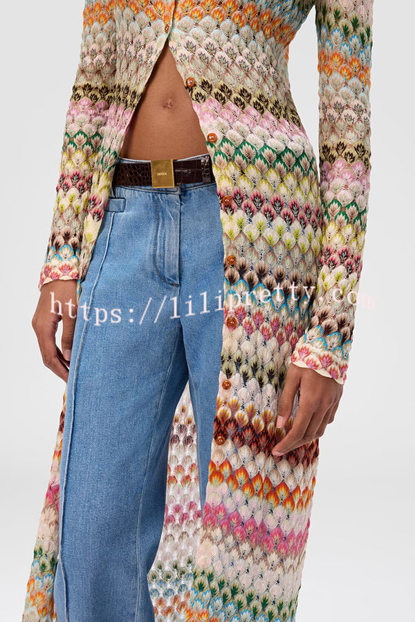 Anna Knit Colorful Herringbone Print Shirt Neck Button Long Sleeve Slim-fit Long Cardigan