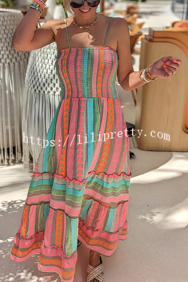 Plenty of Sunshine Linen Blend Ethnic Print Smocked Cami Midi Dress