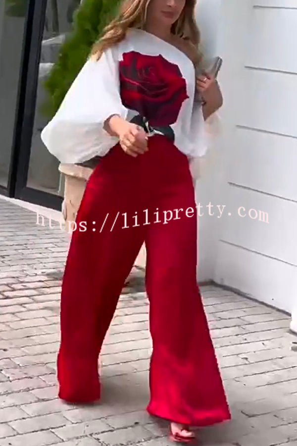 Elegant Rose Print Long Sleeve Belted Wide Leg Pants Suit
