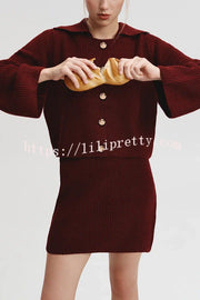 Fashion Lapel Bell Sleeve Knitted Cardigan and Casual Mini Skirt Set