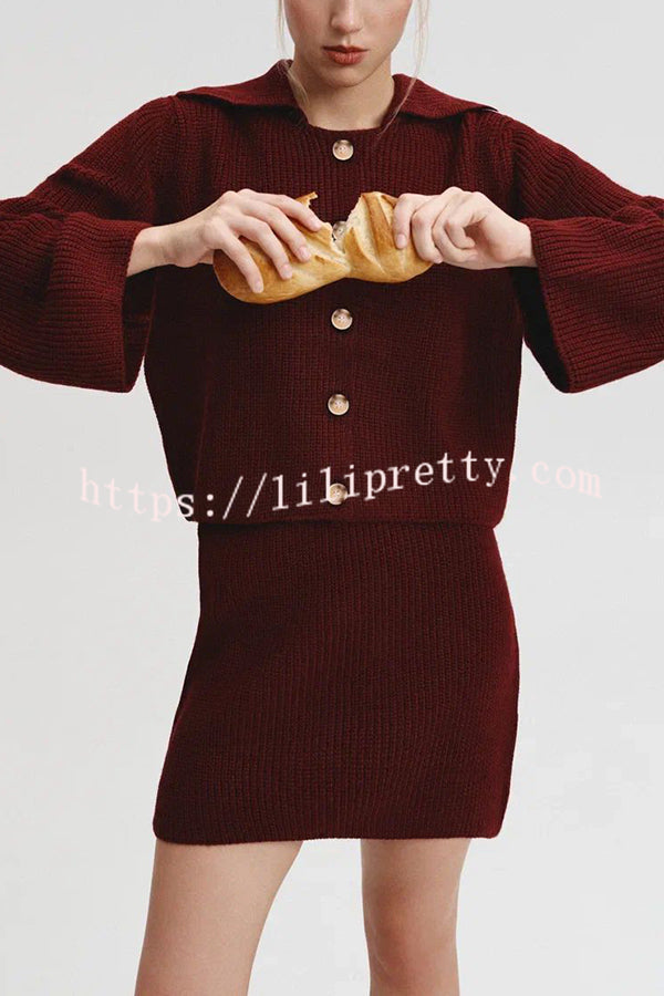 Fashion Lapel Bell Sleeve Knitted Cardigan and Casual Mini Skirt Set